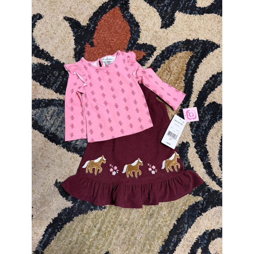 Rare Editions Toddler Girls 2pc Horse Corduroy Jumper Dress Set Burgundy Pink 3T